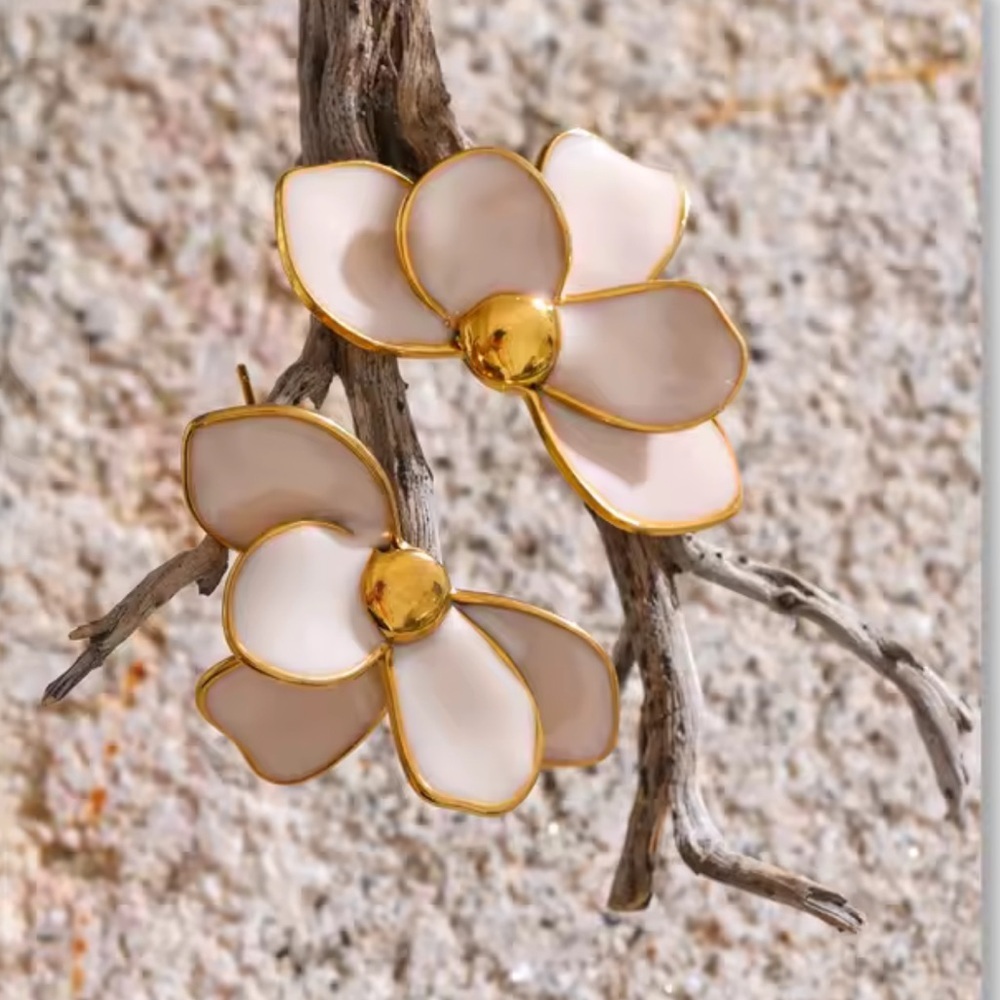 Romantic Petal Cream Flower Stud Earrings – Gold Trim Statement Earrings - Picture 1 of 11